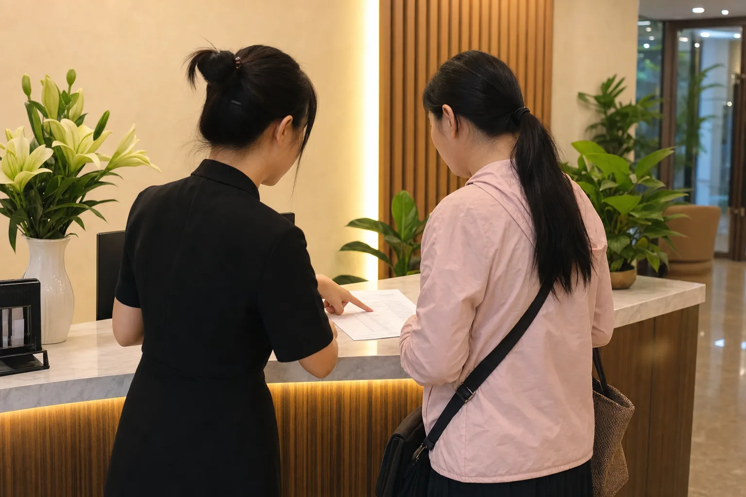酒店前台工作人员与住客背影核对入住文件