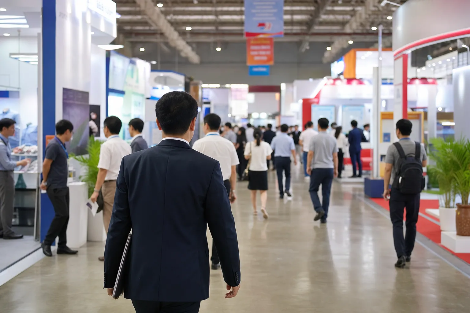 商务人士从背后走进技术展会大厅