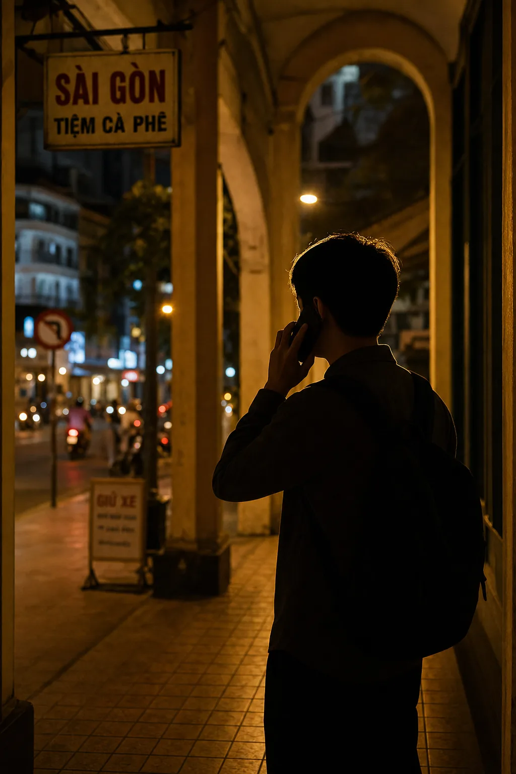 夜间西贡街头背对镜头打电话的行人和旁边车流