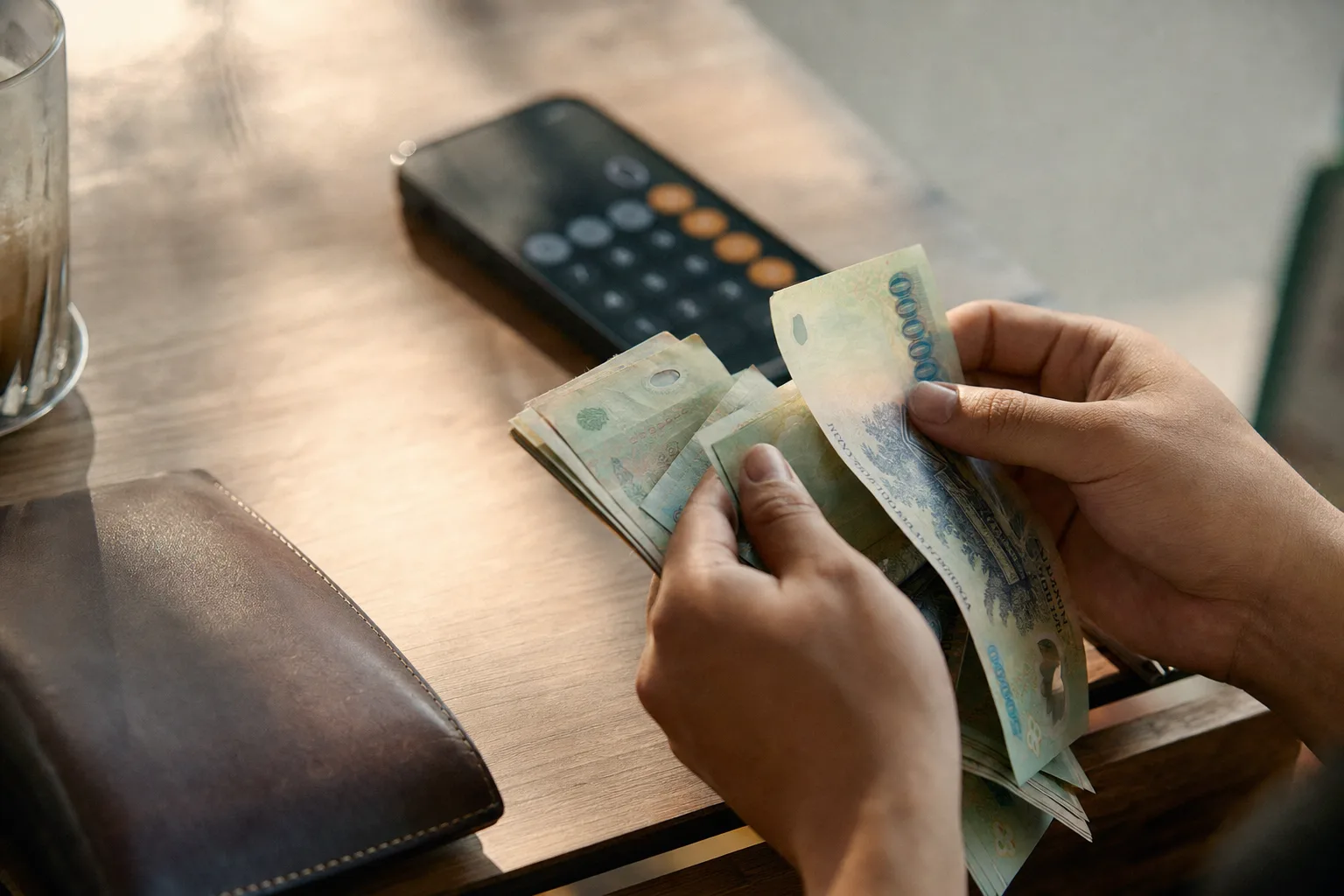 一双手正在清点越南盾现金
