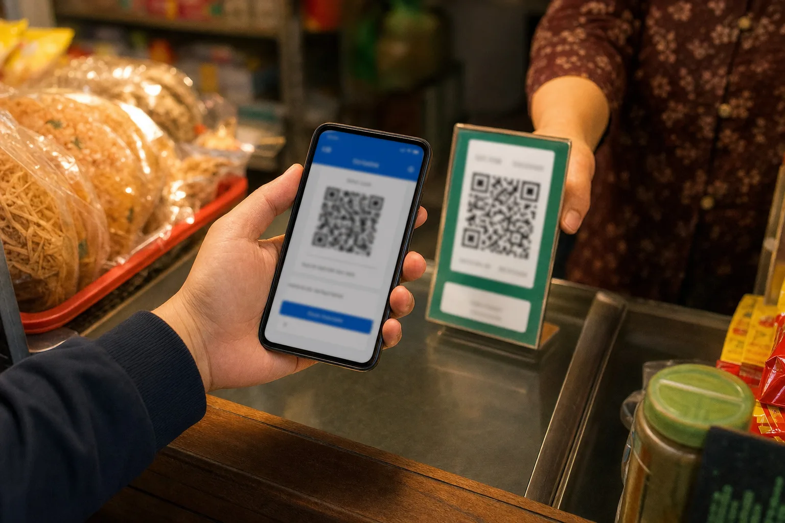 旅客在越南小店使用手机扫码付款