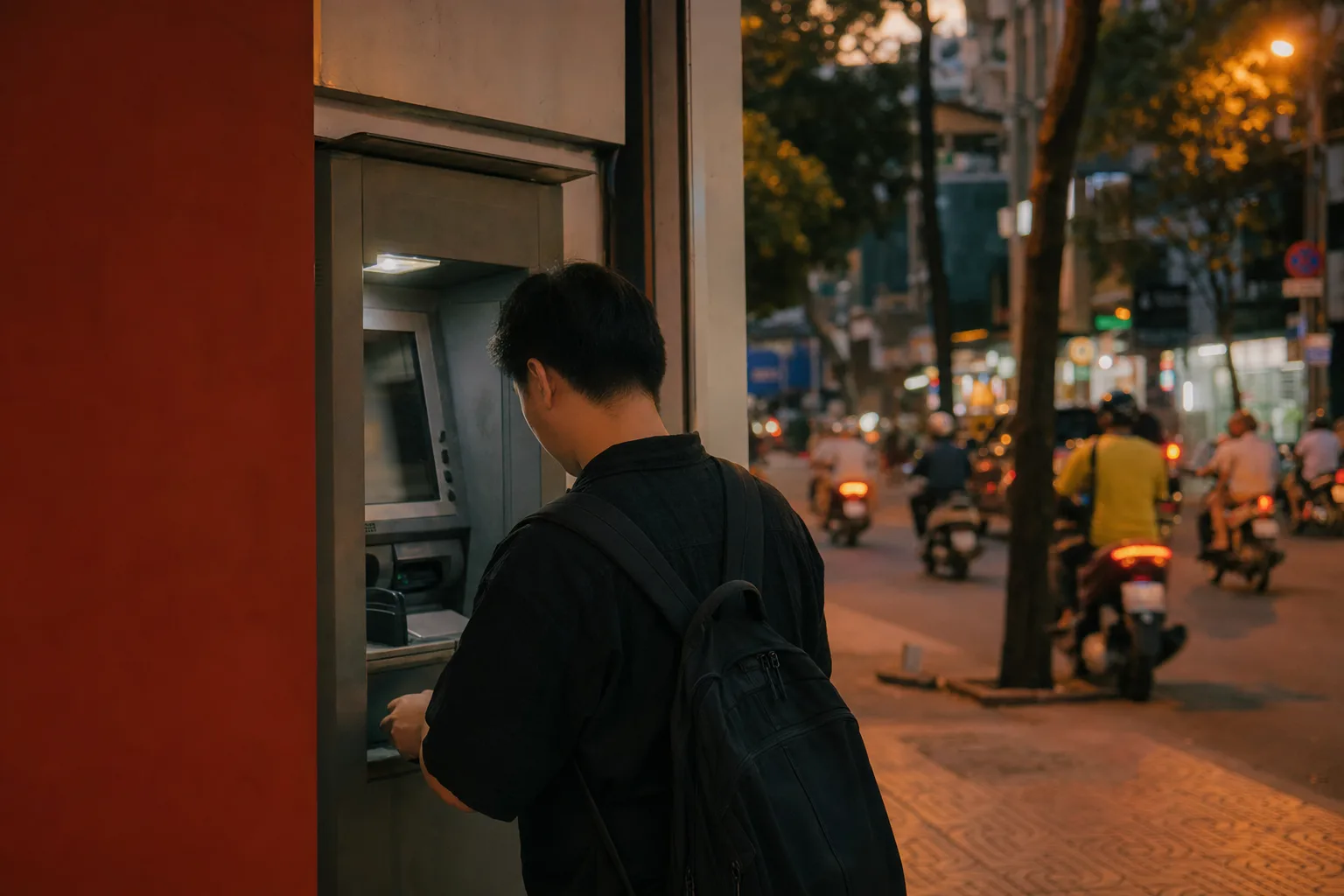 黄昏街头，一名男子在街边 ATM 机上取钱的背影