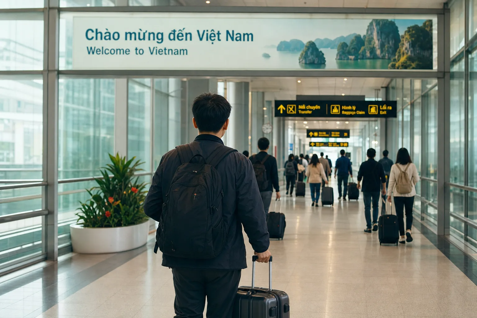 越南机场到达通道，旅客拖着行李箱走向写有 Welcome to Vietnam 的入境大厅