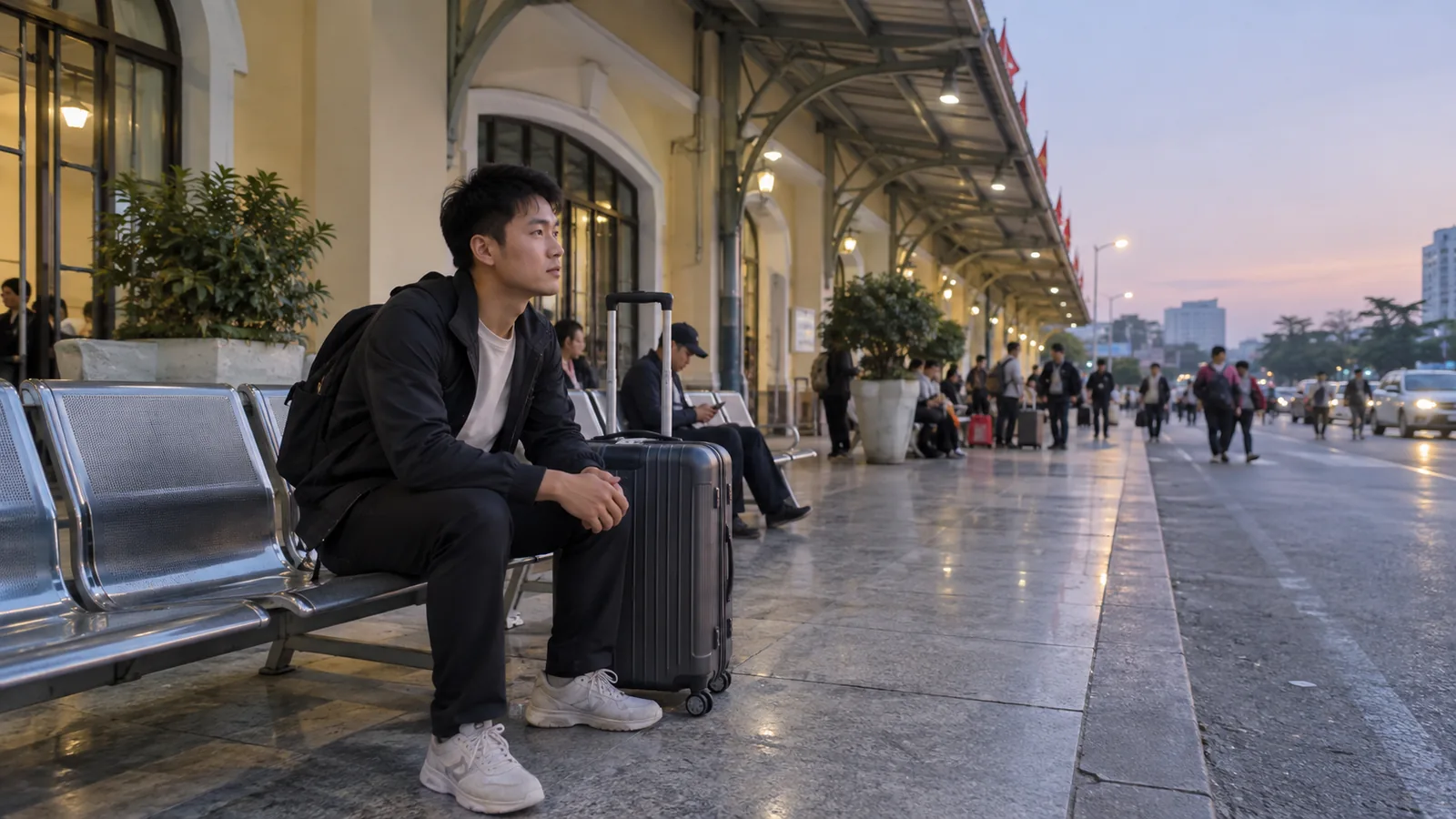 清晨抵达车站的旅客带着行李在室外等候