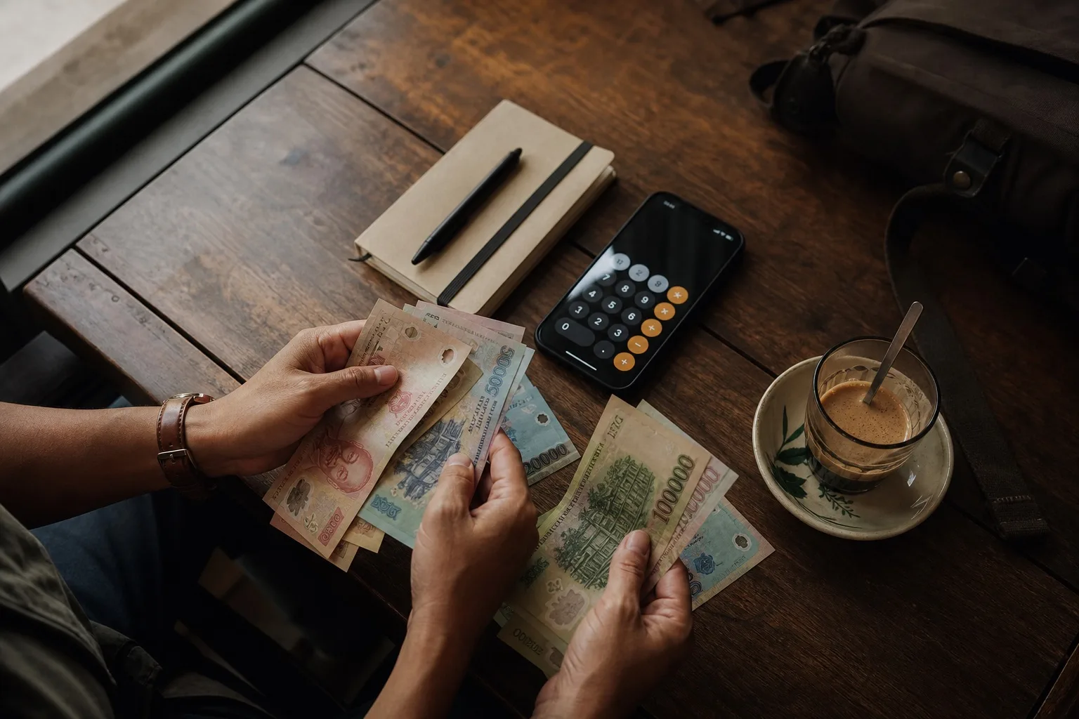 咖啡馆木桌上整理越南盾现金，旁边放着手机计算器