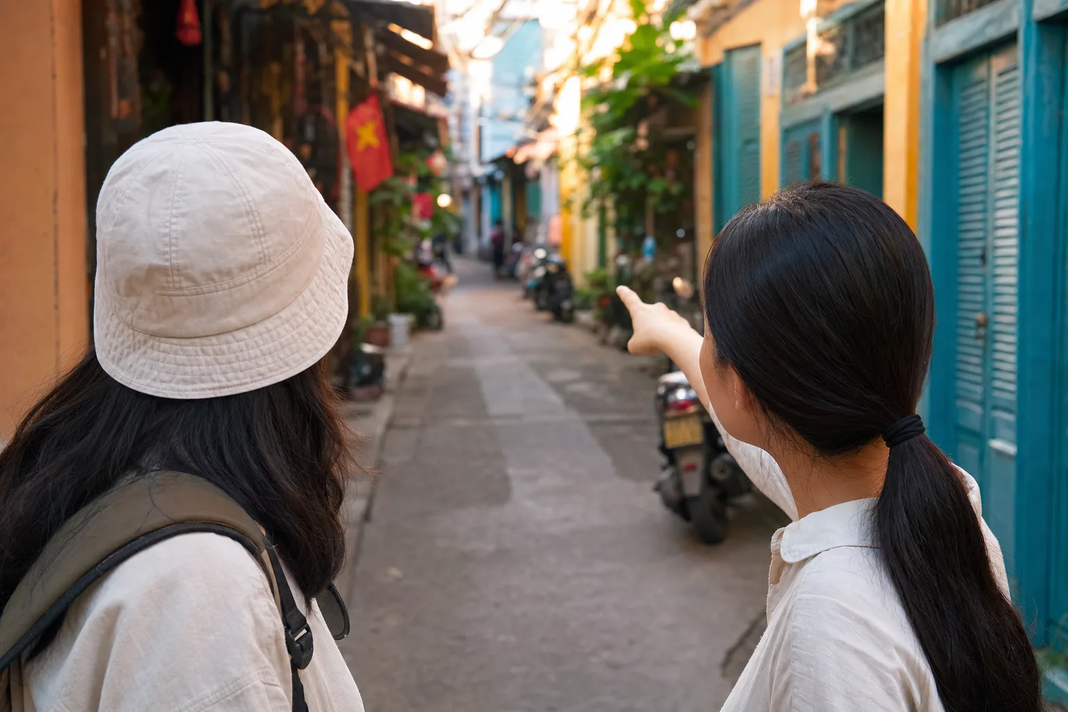 越南小巷里，旅行者向当地人打听方向，巷边停着摩托车