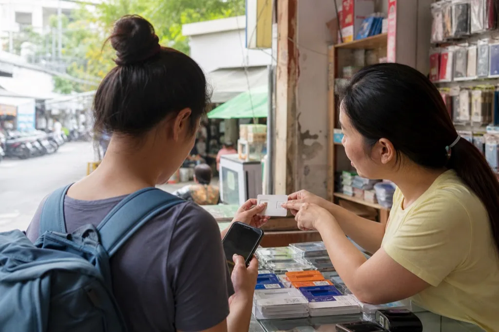 旅行者在越南街边小店购买 SIM 卡