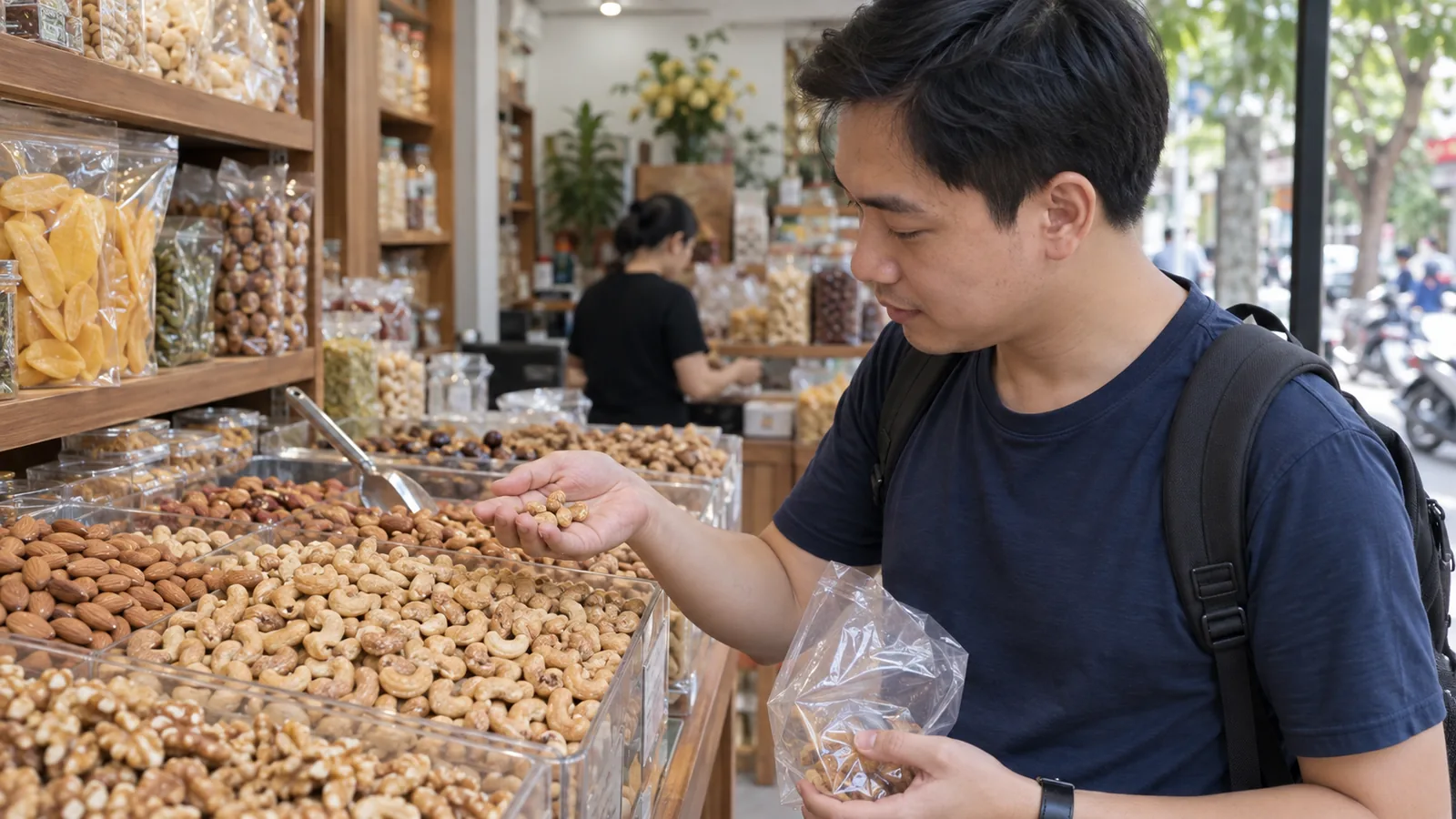 顾客在河内干果店自然查看正常大小的腰果