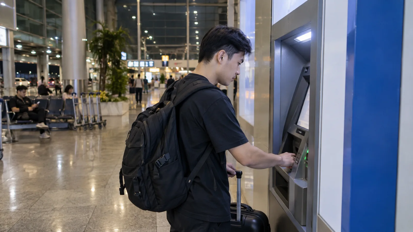 深夜抵达机场的旅客在ATM旁准备取应急现金