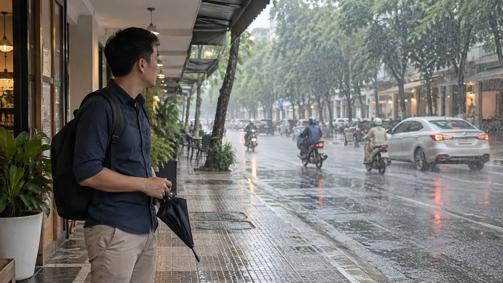 胡志明市阵雨时，一名旅客在有顶走廊下观察街道雨势
