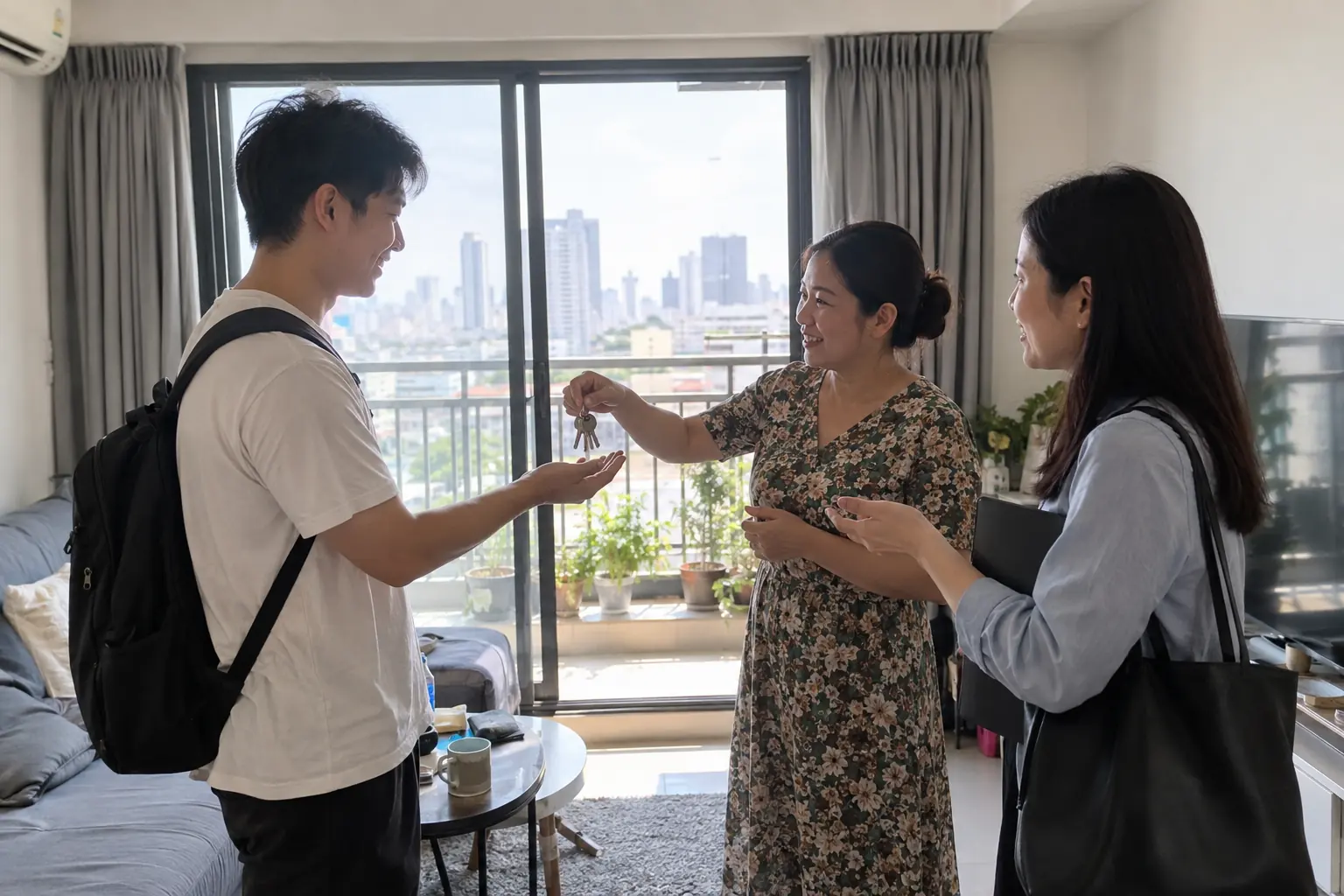 公寓客厅里，租客、房东和中文陪同人员核对租房事项
