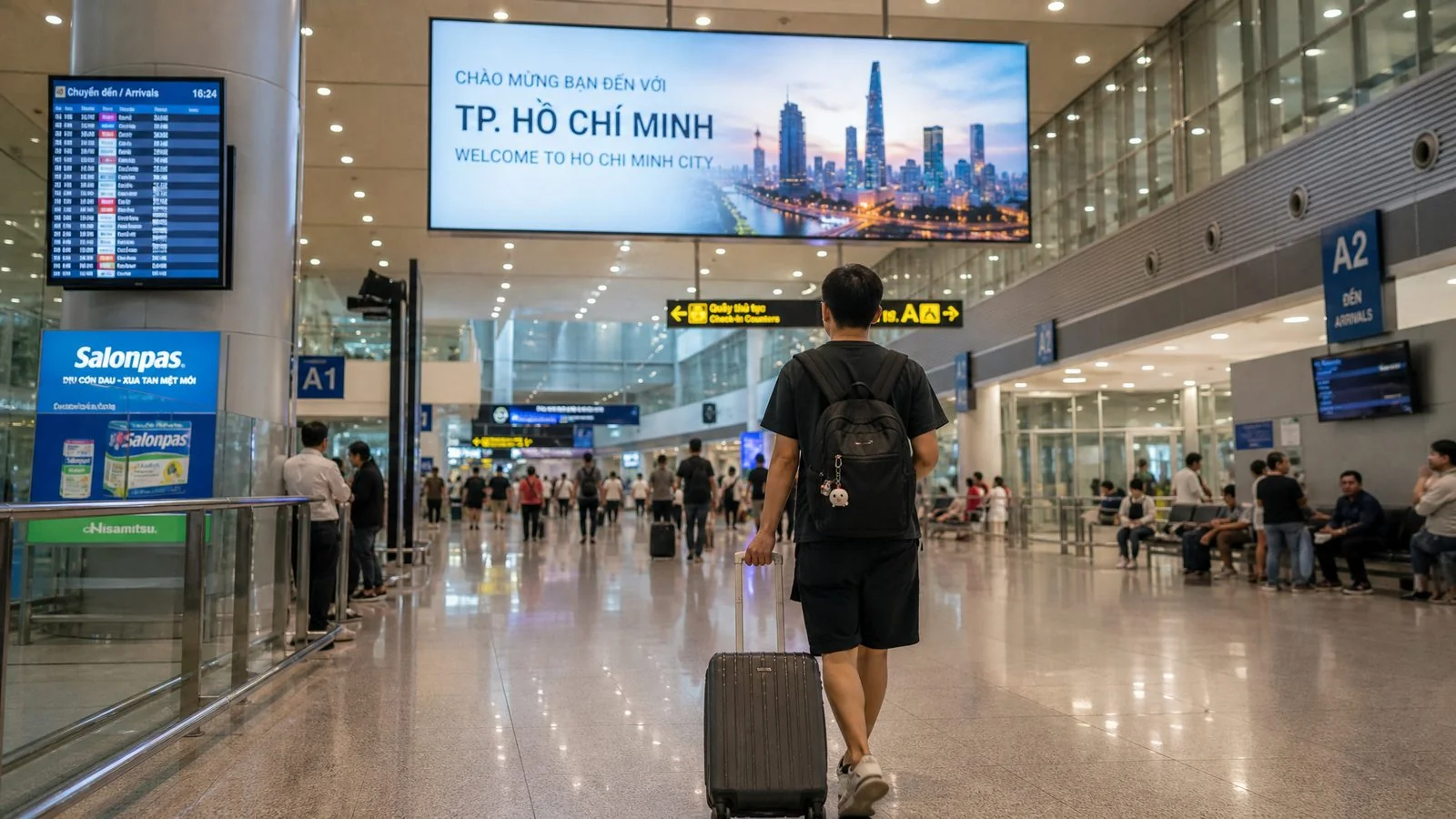 越南机场落地签柜台前，旅客排队办理入境手续的背影
