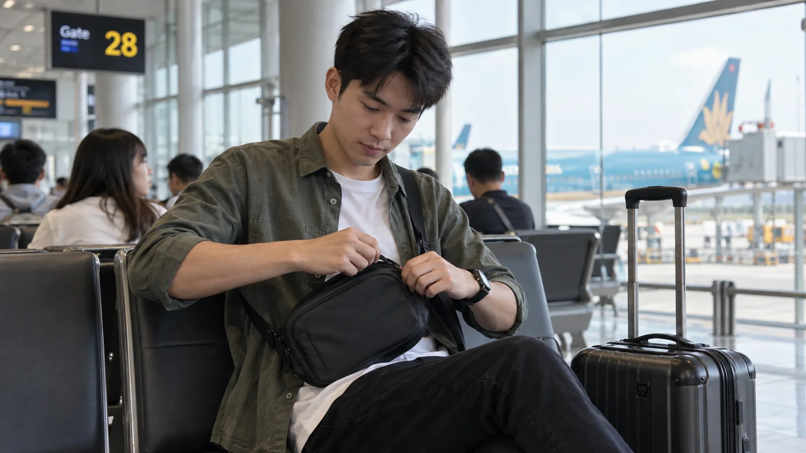 一名旅客在机场候机区整理随身物品
