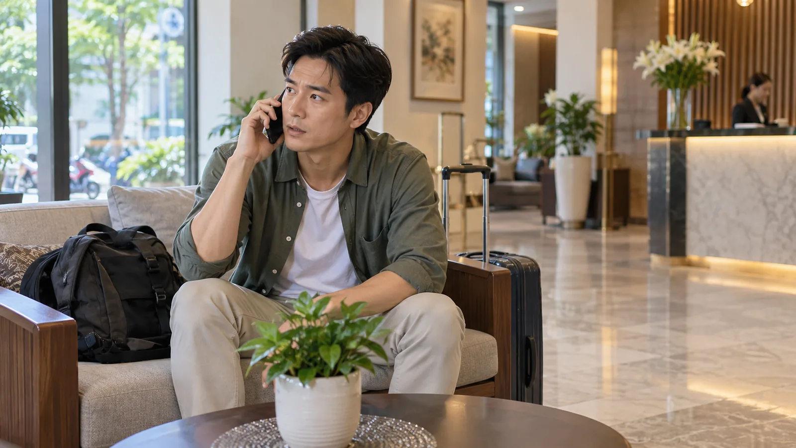 一名旅客在室内打电话联系急救服务