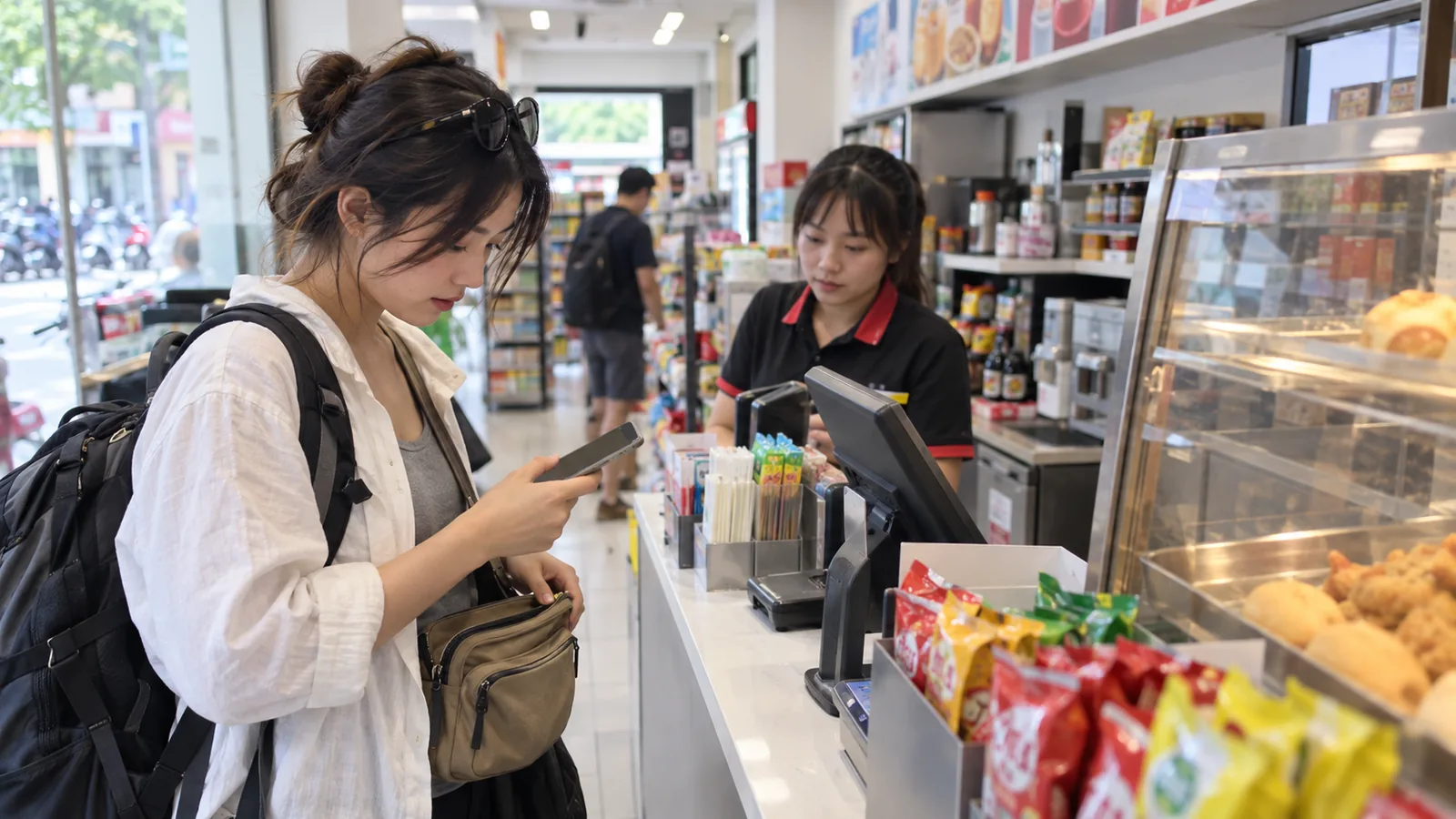 越南便利店货架前顾客正在选购饮料和日用品