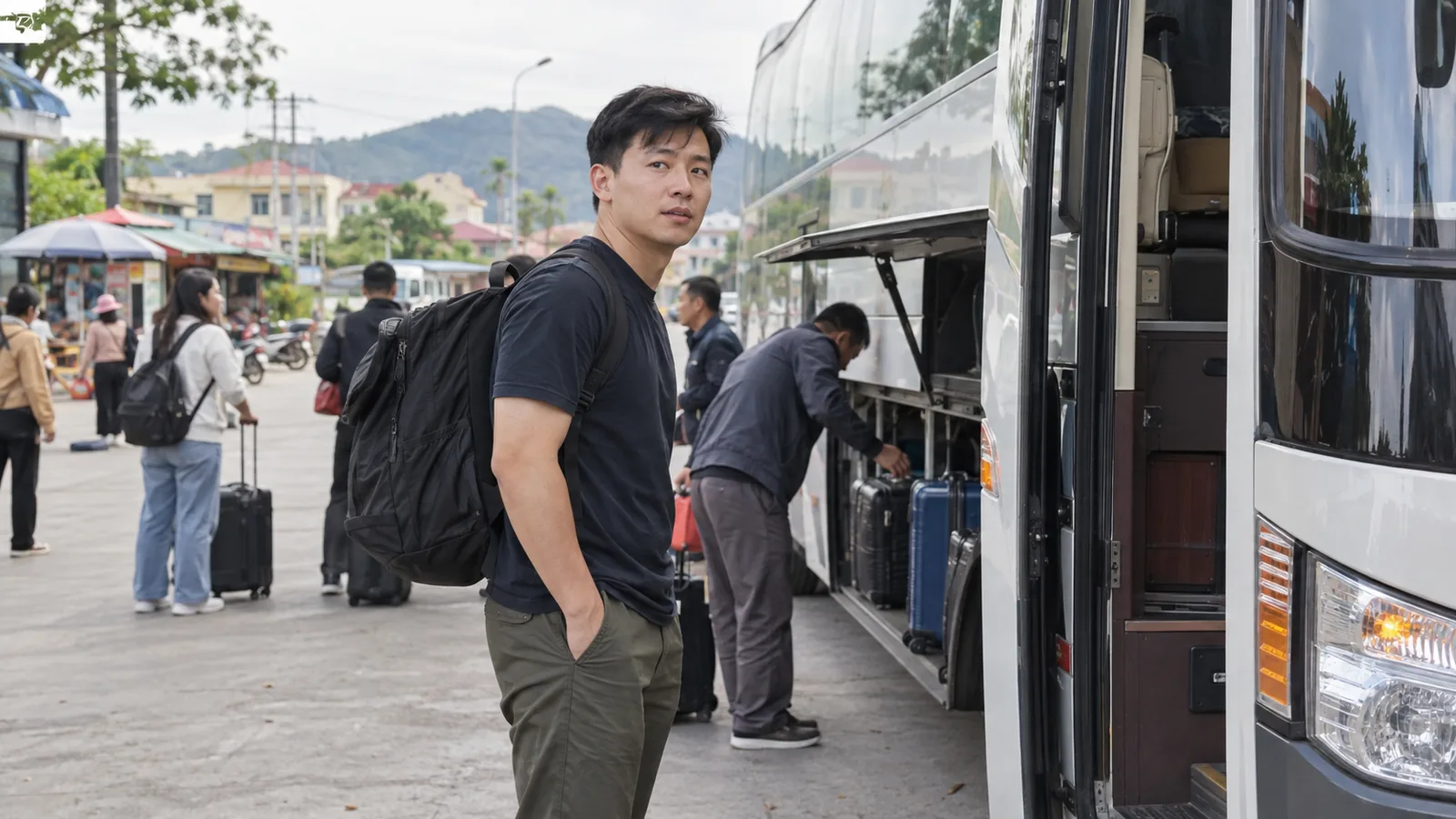 一名旅客在长途客车旁等待陆路行程
