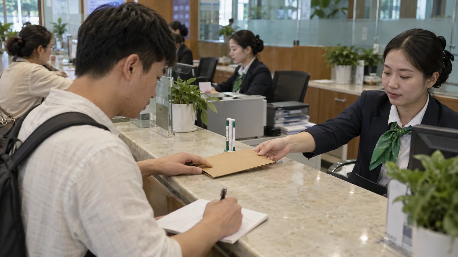 窗边桌前一名男子背影低头清点摊开的越南盾纸币，桌上还放着手机、咖啡和中国护照