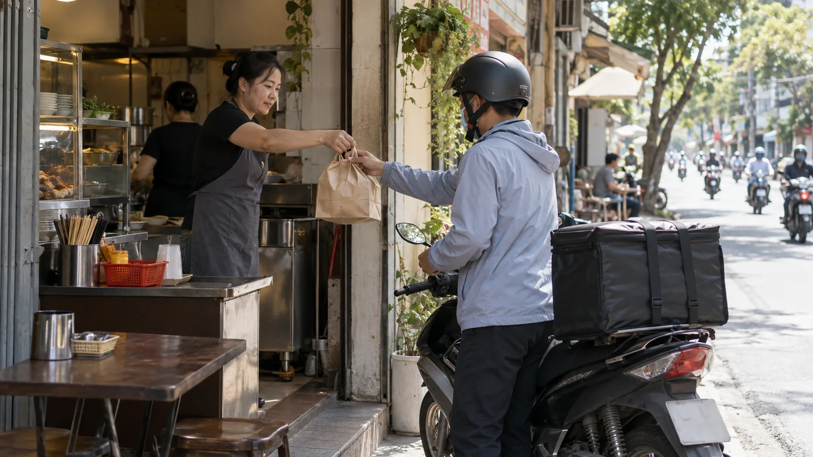 越南外卖骑手把餐品递到顾客手上的交接瞬间