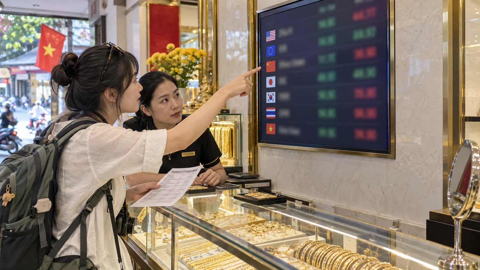 越南街角换汇店门口，电子汇率牌上显示外币现钞买入价与卖出价