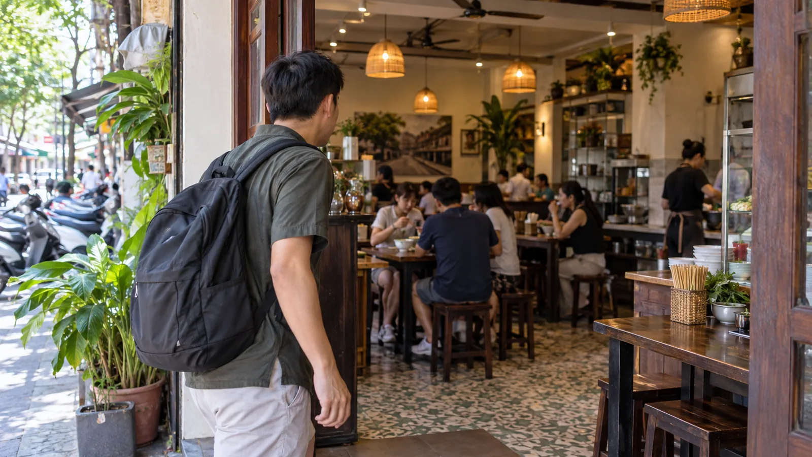 一名旅客站在街边咖啡店门口观察店面