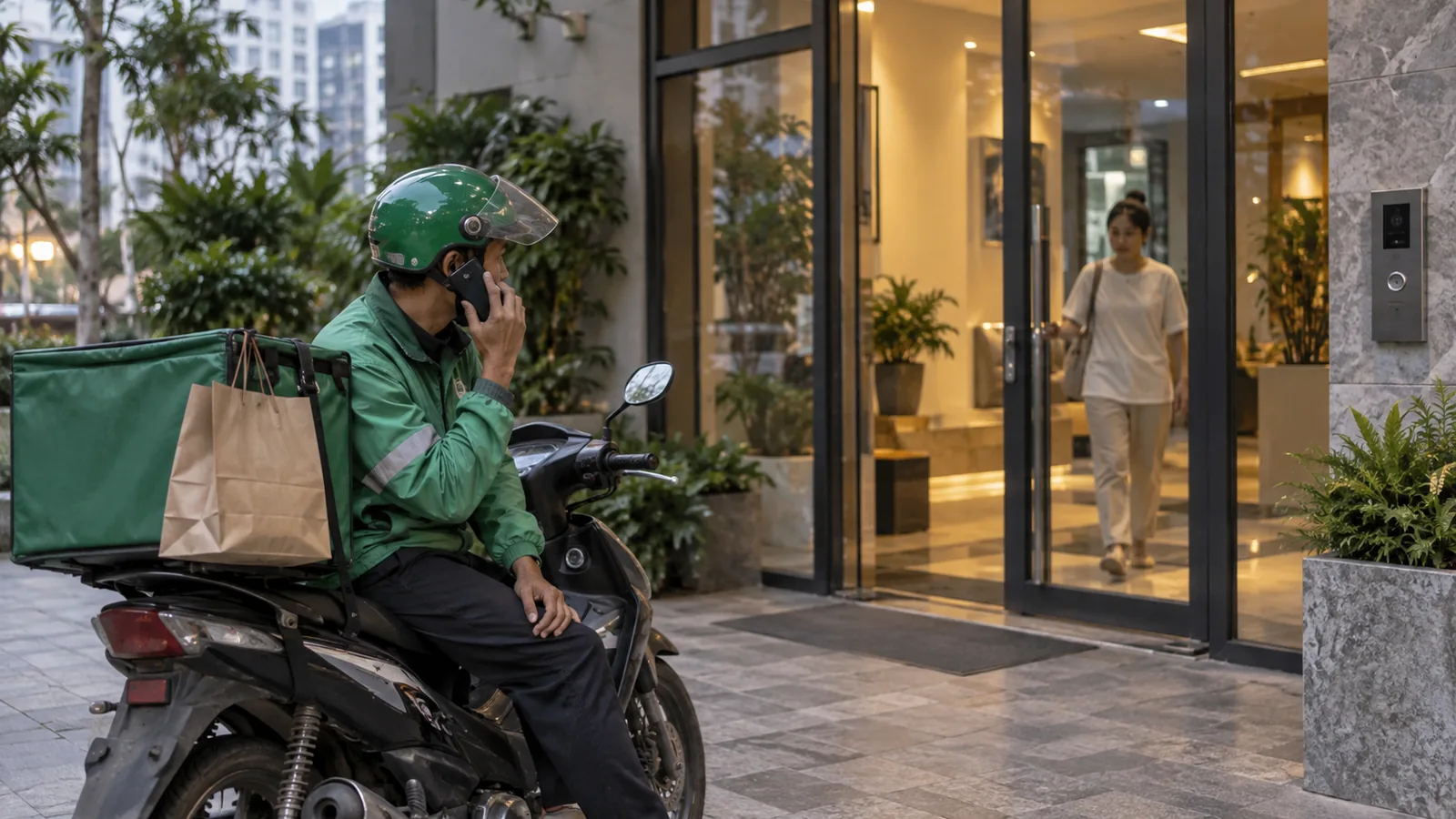 越南街头外卖递送场景，骑手将餐袋递到顾客手中，近景手部动作