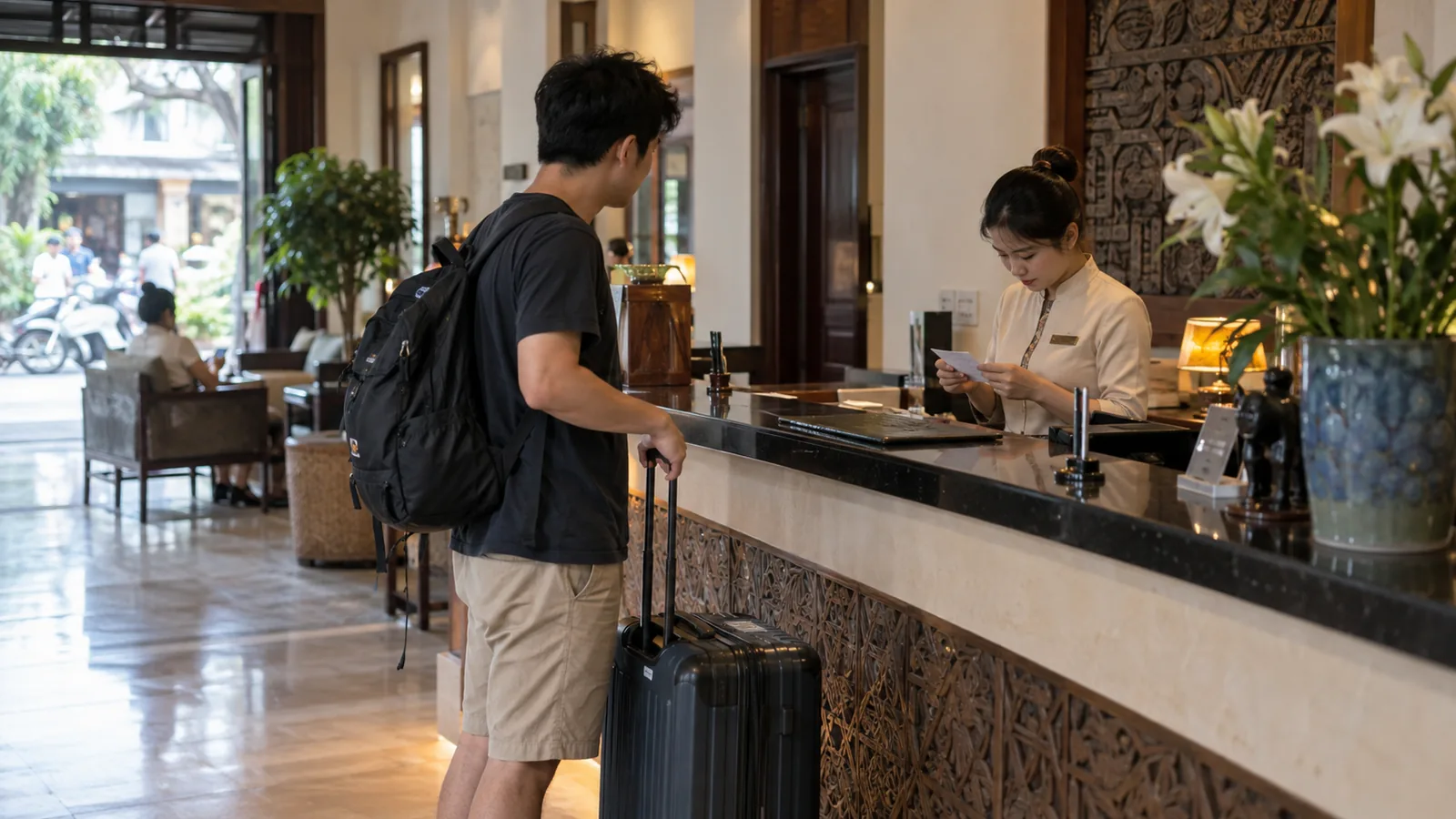 酒店前台木质柜台上，双手清点一叠 50 万盾越南盾现金，旁置计算器与手机
