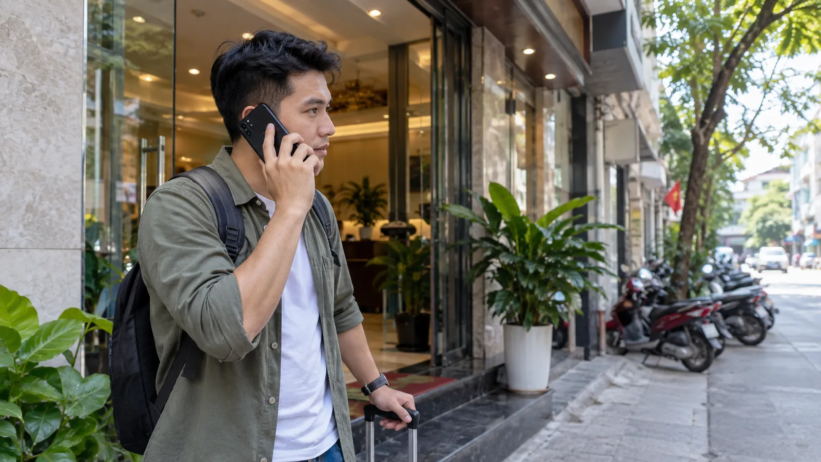 一名旅客在酒店门外打电话核实订房押金要求