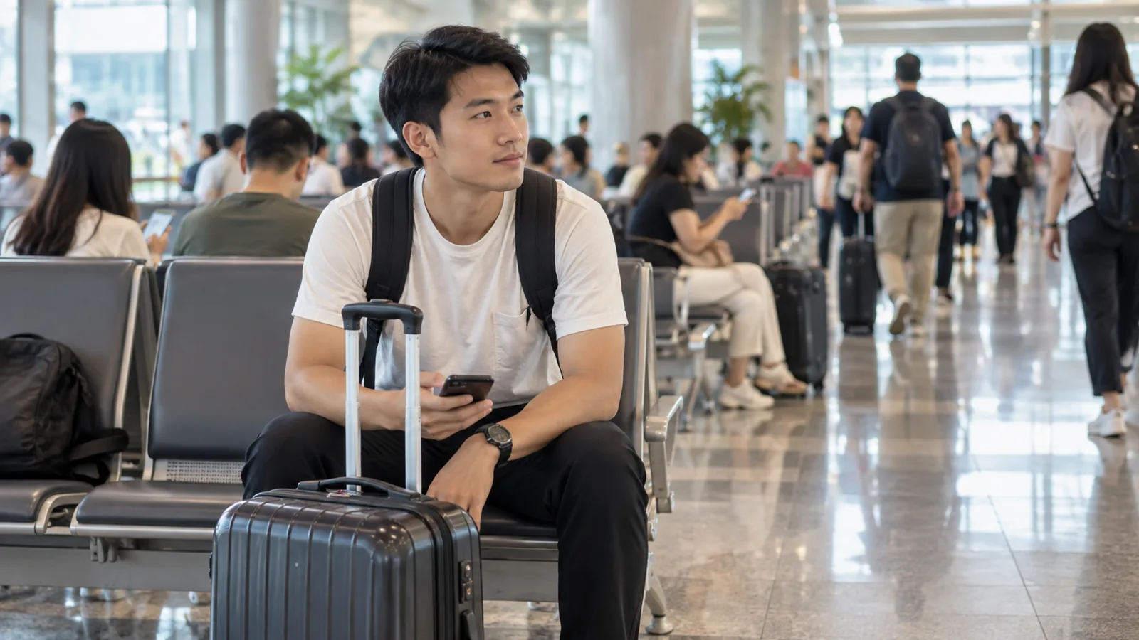 一名旅客在机场公共候机区等候后续手续