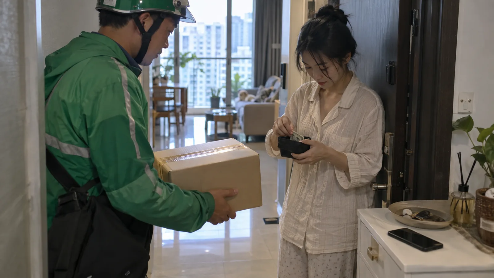 越南社区便利店内，顾客背影伸手从货架上取商品，货架上摆满日用品和食品，门口可见街道