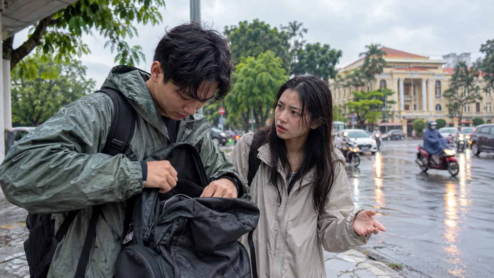 黄昏时分的西贡街道，一名行人背影背着包走在人行道上，路边停放多辆摩托车