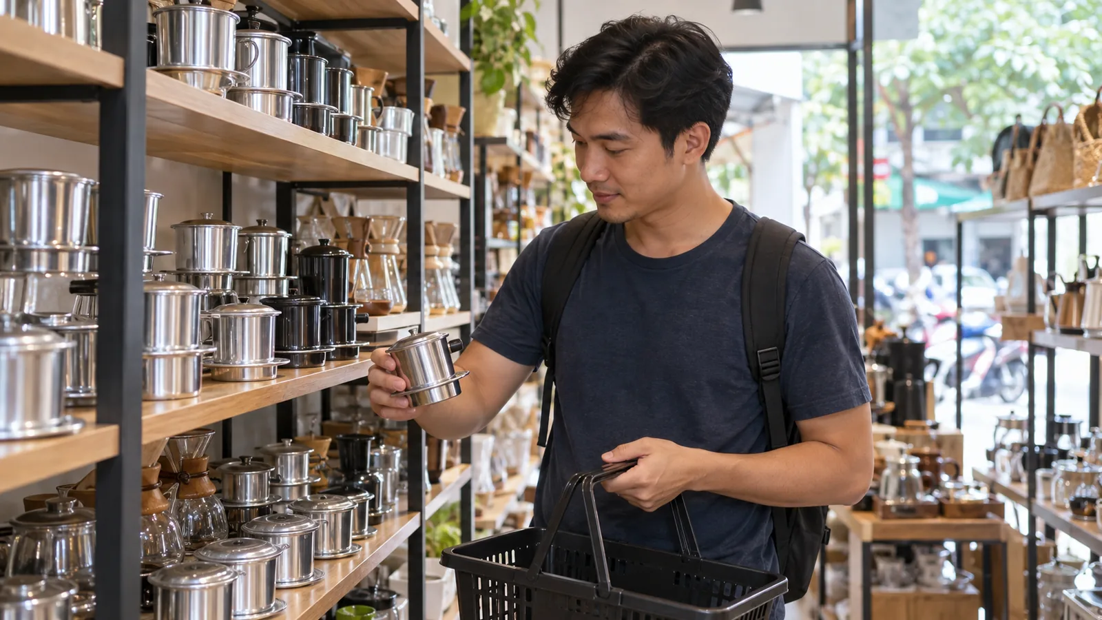 一名顾客在店内查看越南滴漏咖啡壶