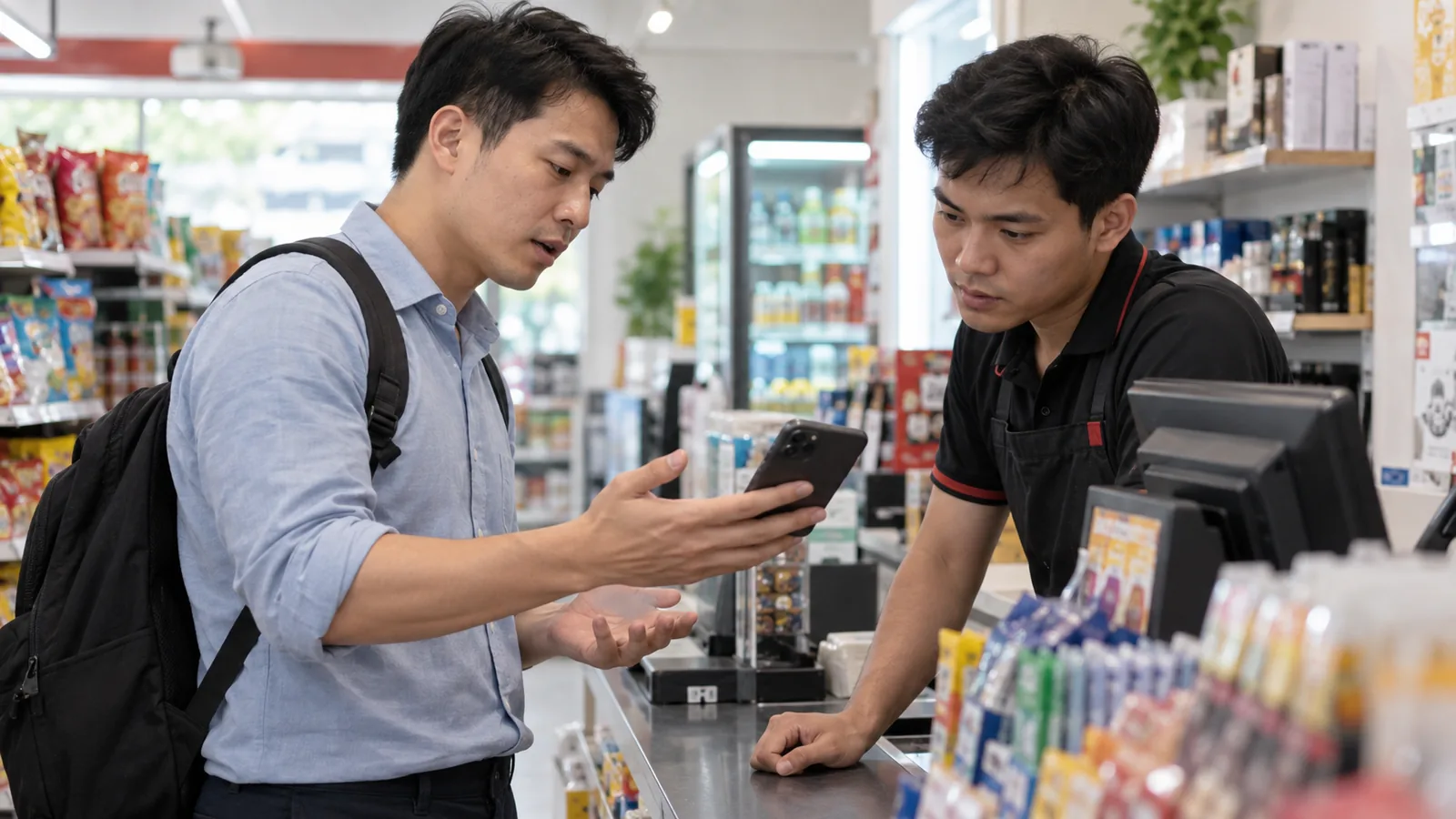 一名顾客与店员在柜台核对手机付款情况