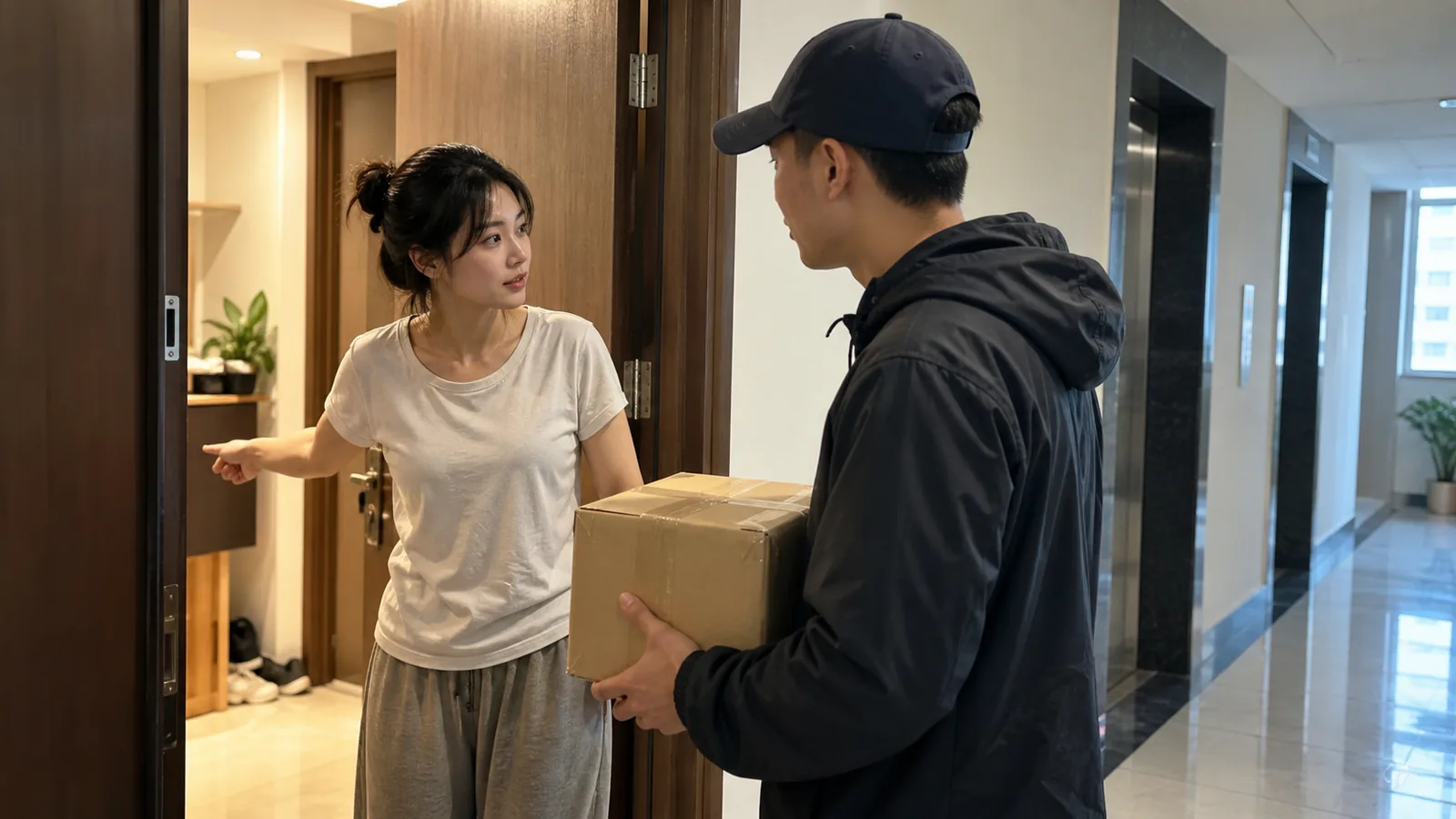 越南邮局柜台前寄件人与工作人员双手交接牛皮纸包裹，桌上放着单据与印章