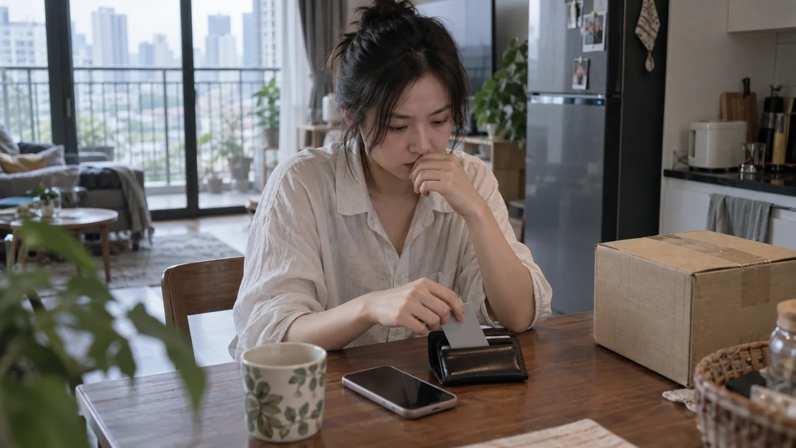 咖啡馆里双手持手机，屏幕显示越南语银行转账界面