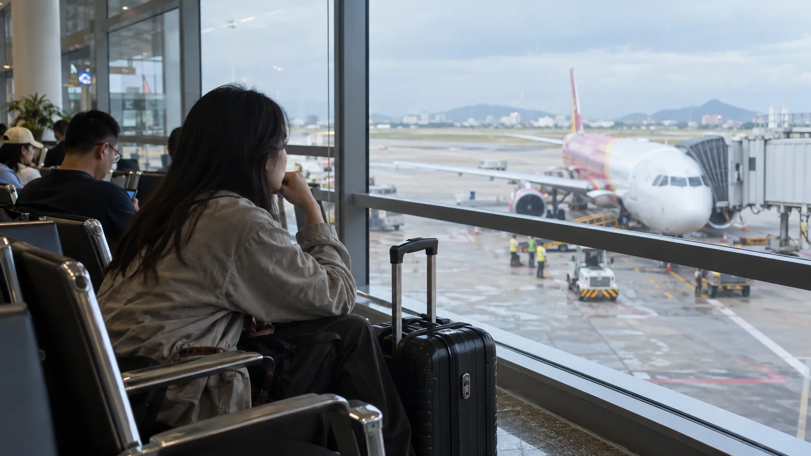 机场到达通道内拖着行李走向边检的旅客背影