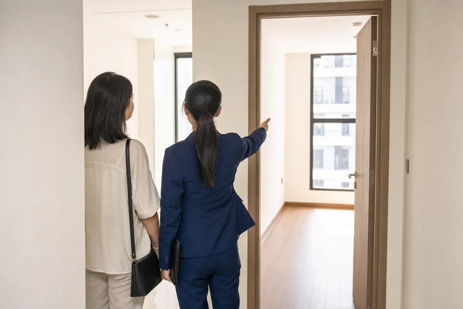 中介带租客看一间空公寓，西装中介抬手指向房间内部，两人均为背影