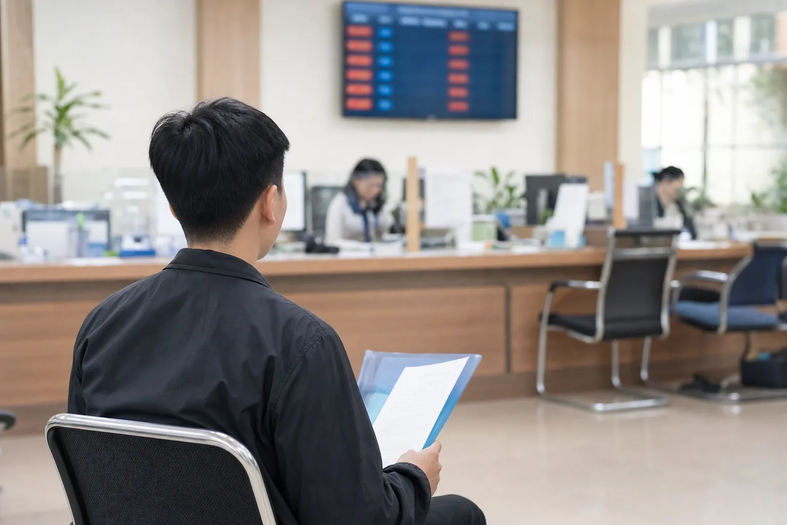 旅客手持文件在服务柜台前等待工作人员核验的背影
