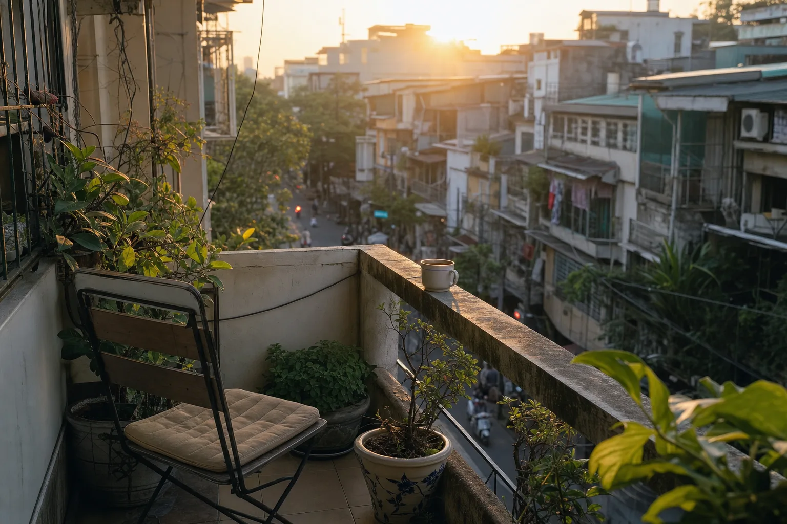 越南住宿阳台与清晨街景