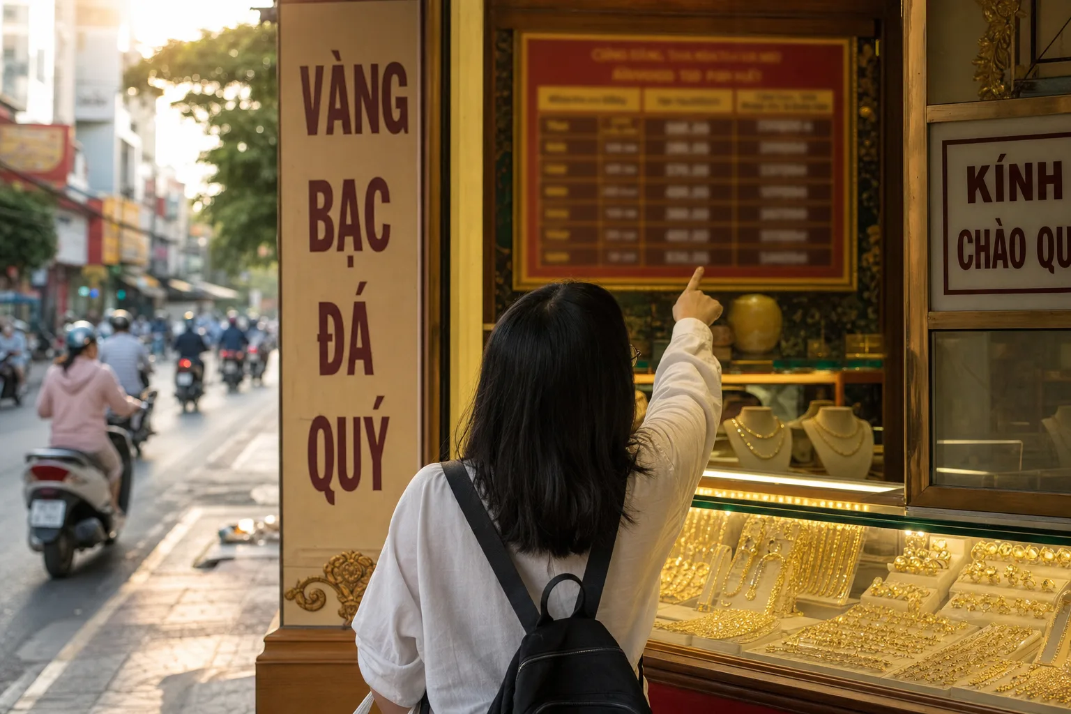 越南金店门口，背对镜头的顾客指向店内价目牌